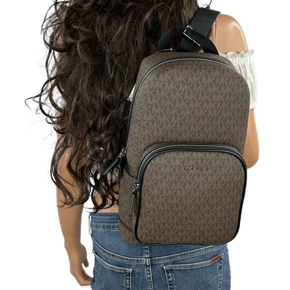 Michael Kors Cooper Sling Pack Backpack MK Signature Brown Black - Picture 1 of 10